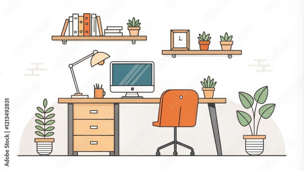 Minimalist Home Office Desk Setup Line Art Illustration,Workspace Design,Plant Decor Home Office, Desk Setup Minimalist Home Office Desk Setup Line Art Illustration,Workspace Design,Plant Decor Home Office, Desk Setup