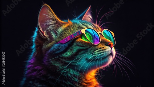 Neon Cat Digital Art, Profile Portrait, Rainbow Fur, Sunglasses, Cool Cat, AI Art. cat art, digital painting