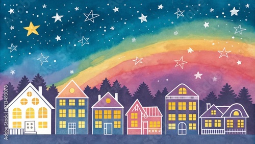 Night Sky Village Watercolo...