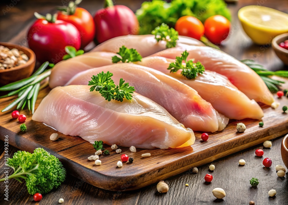 High-quality, delicious, raw chicken fillet close-up, showcasing lean protein and culinary artistry. High-quality, delicious, raw chicken fillet close-up, showcasing lean protein and culinary artistry.