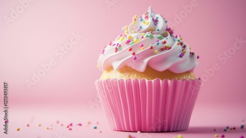 Delicious pink cupcake with white frosting and colorful sprinkles on pink background