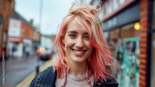 Wallpaper Mural An English woman with pastel pink hair, smiling and twirling her shoulder-length hair in the wind on top of her head outside her small town centre beauty salon Torontodigital.ca