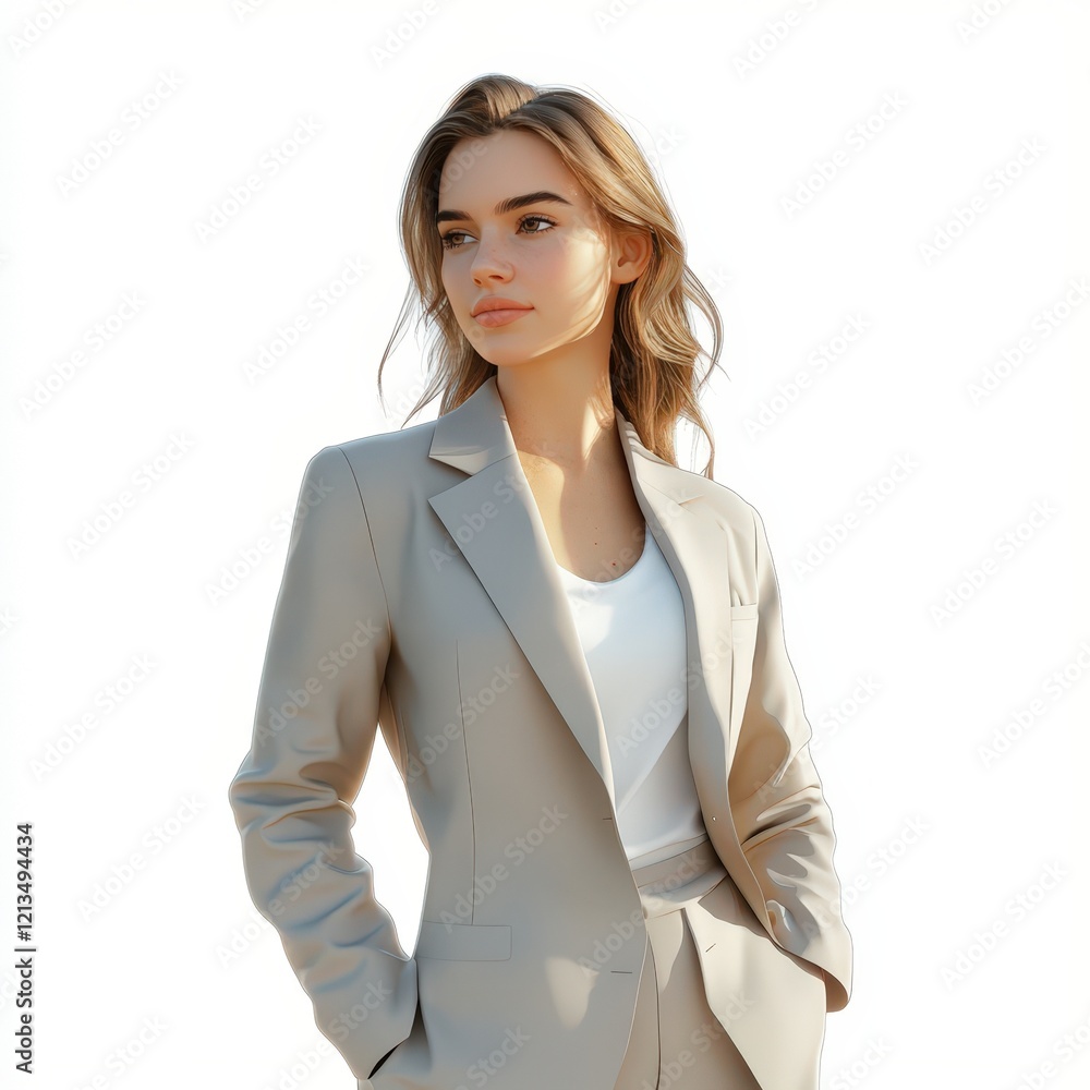 Elegant Woman in Beige Suit Posing Against White Background Elegant Woman in Beige Suit Posing Against White Background