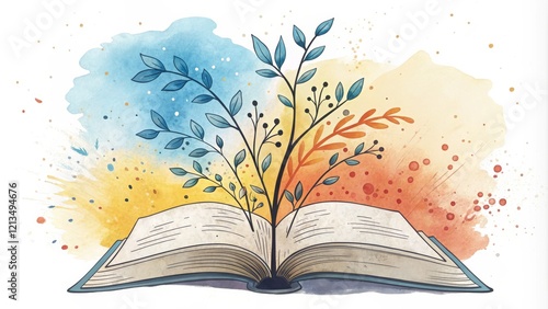 Watercolor Book with Blooming Branches Open Book, Floral Illustration, Nature Concept, Abstract Background Keywords Book Illustration, Watercolor Painting