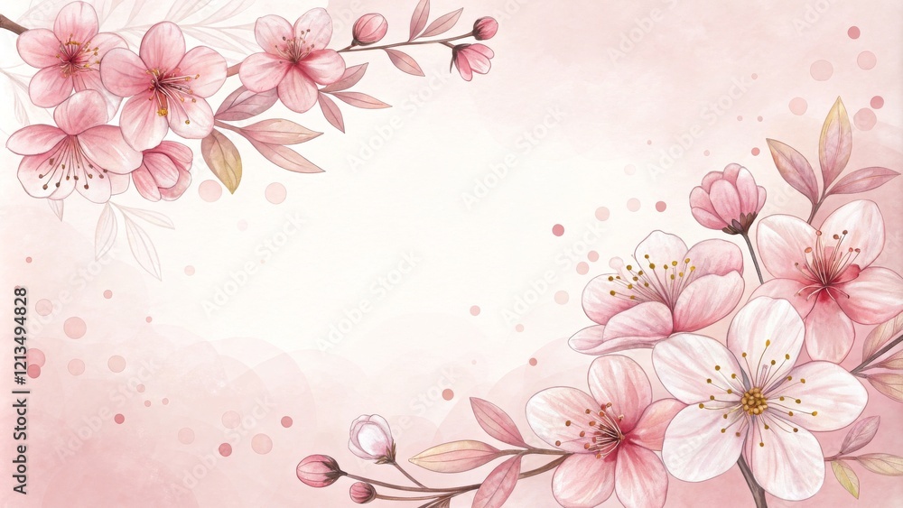 Fototapeta premium Watercolor Pink Blossom Frame Floral Composition, Soft Hues, Romantic Concept, Spring Flowers Keywords Cherry Blossom, Spring Art