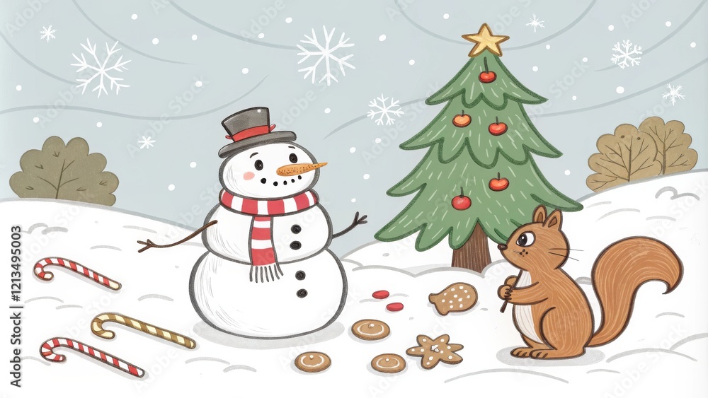 Winter Wonderland Snowman, Squirrel and Christmas Tree Illustration, Digital Painting, Festive Concept Christmas, Winter Winter Wonderland Snowman, Squirrel and Christmas Tree Illustration, Digital Painting, Festive Concept Christmas, Winter