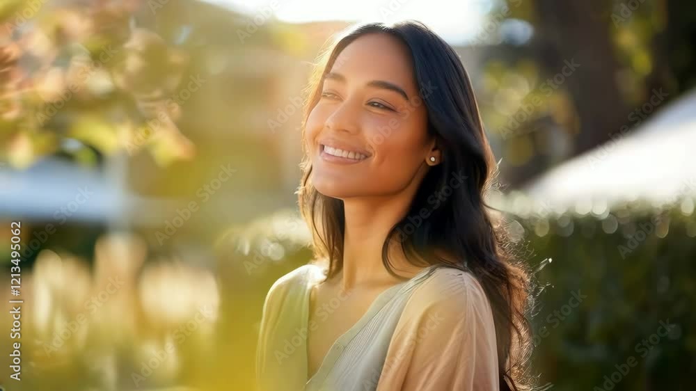 An attractive mixed-race woman in her late thirties smiling and standing outside An attractive mixed-race woman in her late thirties smiling and standing outside