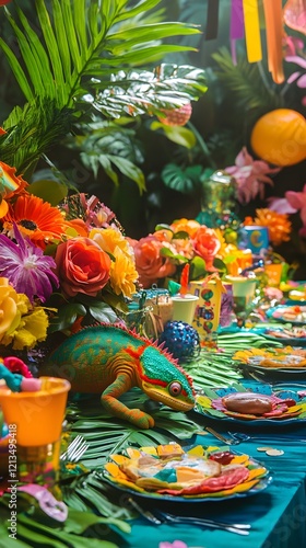 Wallpaper Mural A chameleon blending in with a colorful birthday party setup in the jungle Torontodigital.ca