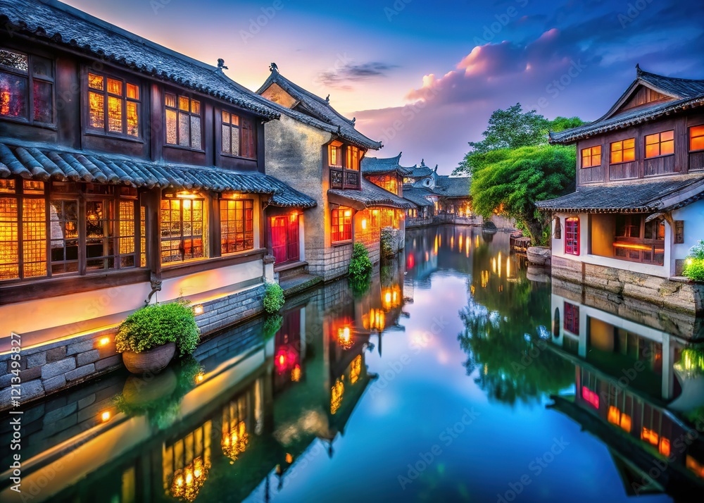 Fototapeta premium Long exposure captures the serene beauty of Suzhou's Zhouzhuang.