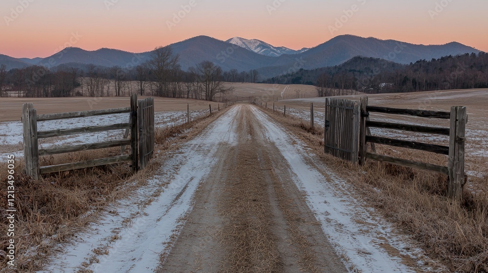 Fototapeta premium Dirt road with patches of snow leads through wooden gates toward distant mountains under a pink twilight sky.