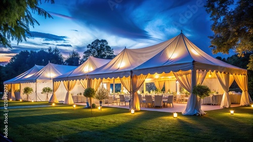 Luxurious white tent wedding banquet for a large gathering.
