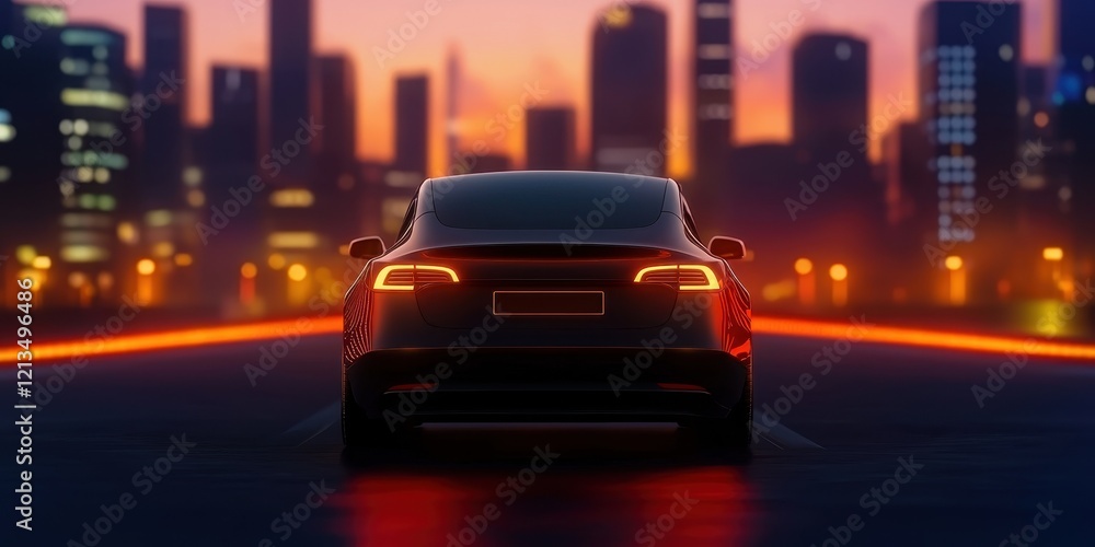 Fototapeta premium ev car concept. A sleek car facing a city skyline at sunset, illuminated by city lights.