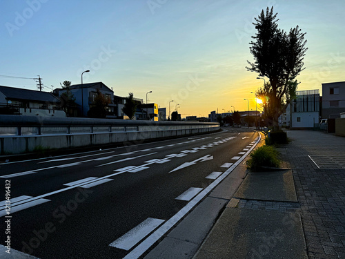 Photography urban cityscape - empty street at sunset in Nagoya, Japan