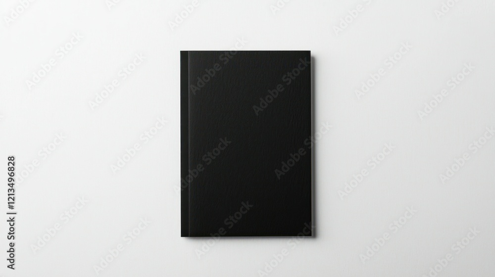 Minimalist black notebook lying flat against a white surface providing a clean backdrop Minimalist black notebook lying flat against a white surface providing a clean backdrop