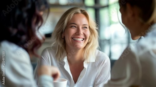 Wallpaper Mural A smiling woman in a white shirt sitting at a table with coffee and two other women talking during a meeting Torontodigital.ca