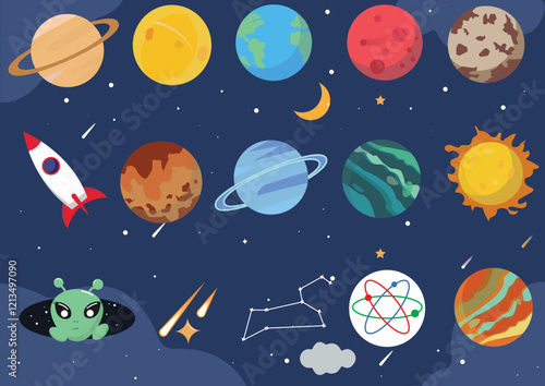 space pattern with rocket and room for text featuring stars, moon, planets, and a cute astronaut flying through the night sky