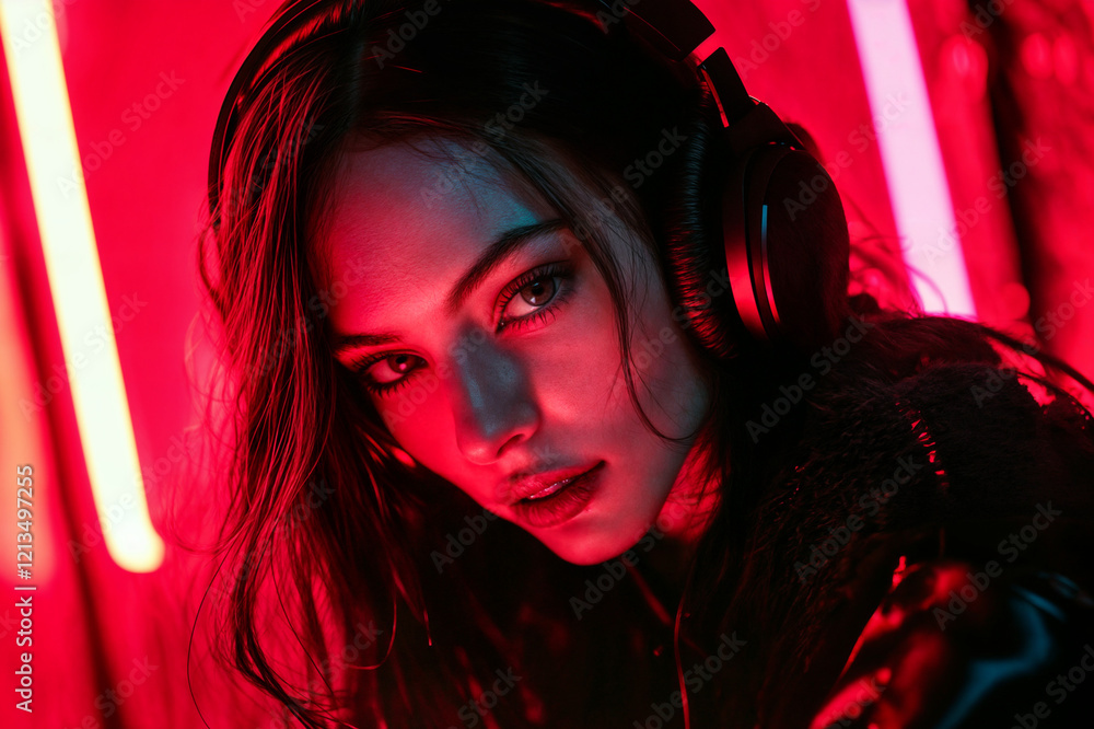 The image features a person wearing a black, furry jacket and headphones, set against a vibrant red and neon background