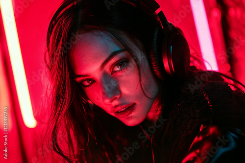 Obraz na płótnie The image features a person wearing a black, furry jacket and headphones, set against a vibrant red and neon background w salonie