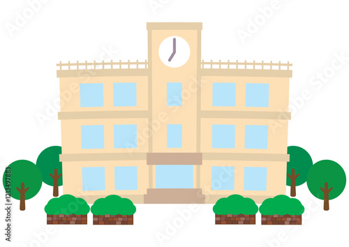 生垣や花壇のある学校の校舎のベクターイラスト