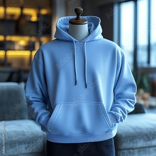 Light blue hoodie on mannequin.