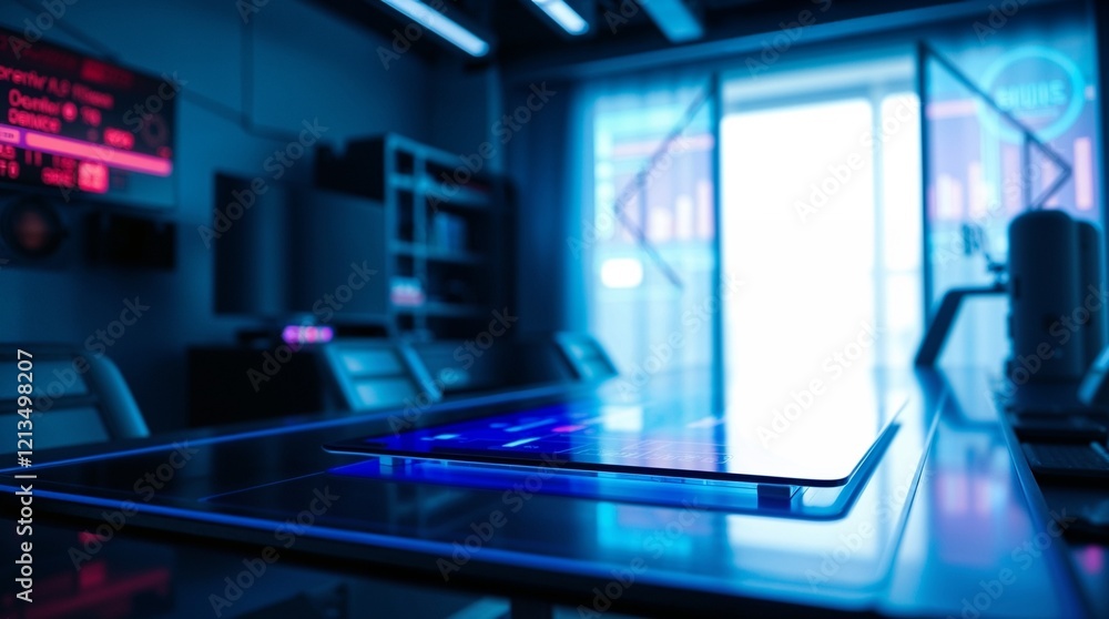 A tight close-up shot, strong moody style, depicting a futuristic tech workspace. A tight close-up shot, strong moody style, depicting a futuristic tech workspace.