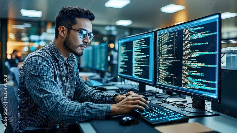 Asian man with glasses deeply focused on coding for cyber security in a modern office, reflecting programming data in his eyewear, working on hacking prevention strategies. Asian man with glasses deeply focused on coding for cyber security in a modern office, reflecting programming data in his eyewear, working on hacking prevention strategies.