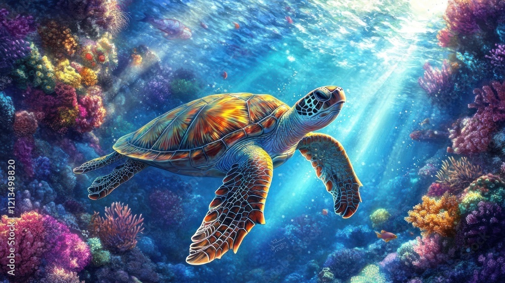 Obraz premium Majestic Sea Turtle in Vibrant Coral Reef
