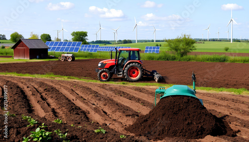 A beautiful farm where compost is spread with a small tractor