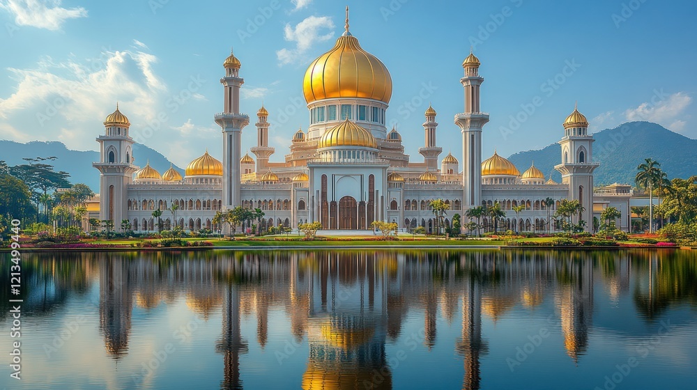 Fototapeta premium Golden Mosque Reflection, Sunrise, Asian Landscape, Travel