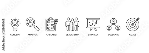 Planning Banner web icon illustration with icons of concept, analysis, checklist, leadership, strategy, delegate and goals