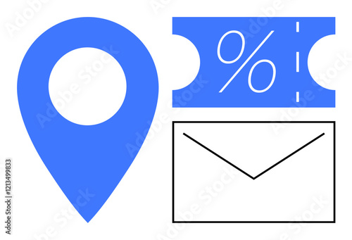 Location pin, discount coupon with percentage symbol, and envelope. Ideal for marketing, promotions, communication, location services, discount offers email marketing direct mail concepts. Abstract