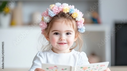 Toddler girl reading book, flower crown, home interior.  Use Children's book illustration
