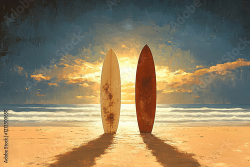 oil paint with A minimalistic summer beach scene with a surfboard standing upright on soft sand.