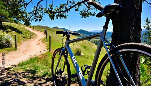A sleek bicycle leans against a tree