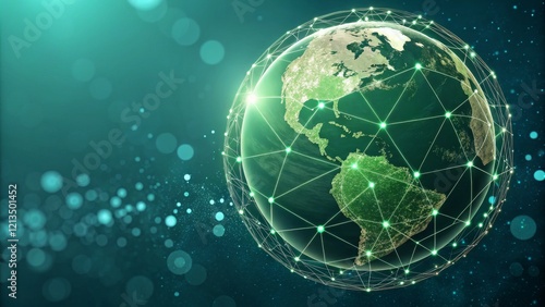 Global Network Green Earth with Connected Nodes, Abstract Background, Digital World, teal bokeh Global Connectivity, Network Visualization