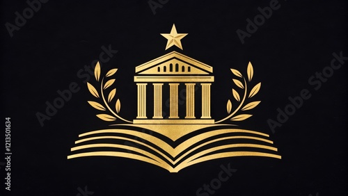 Golden Temple of Knowledge Book, Columns, Star, Laurel Wreath Emblem Design, logo design, gold emblem Logo Design, Emblem Design photo