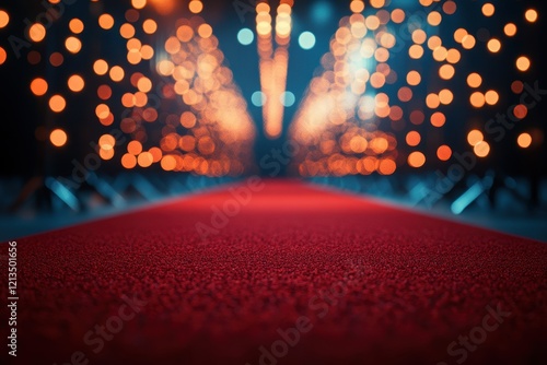 Elegant award ceremony atmosphere with blurred lights and audience showcasing red carpet.