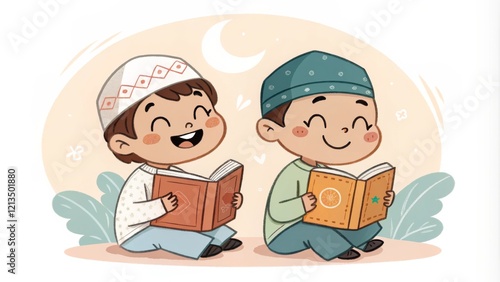 Joyful Muslim Boys Reading, Digital Illustration, Childrens Book Concept, Night Scene, Islamic, Cute Islamic, Children's Book