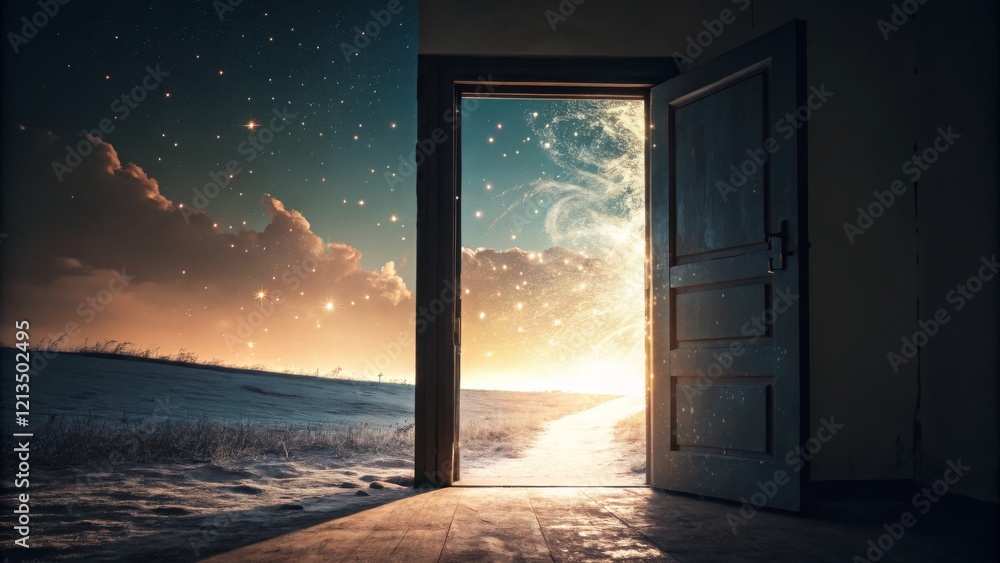 Fototapeta premium Open Door to Starry Night Digital Art Composition, Fantasy Landscape, Mystical Path, Doorway to Another World Fantasy art, Surrealism