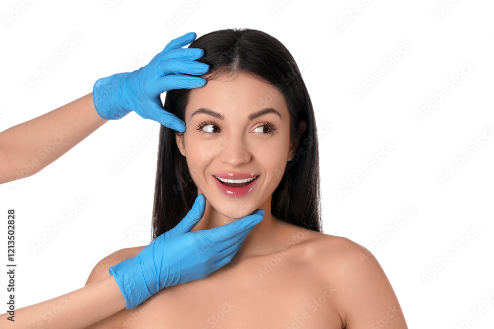 Beautician touching face of young woman on white background Beautician touching face of young woman on white background