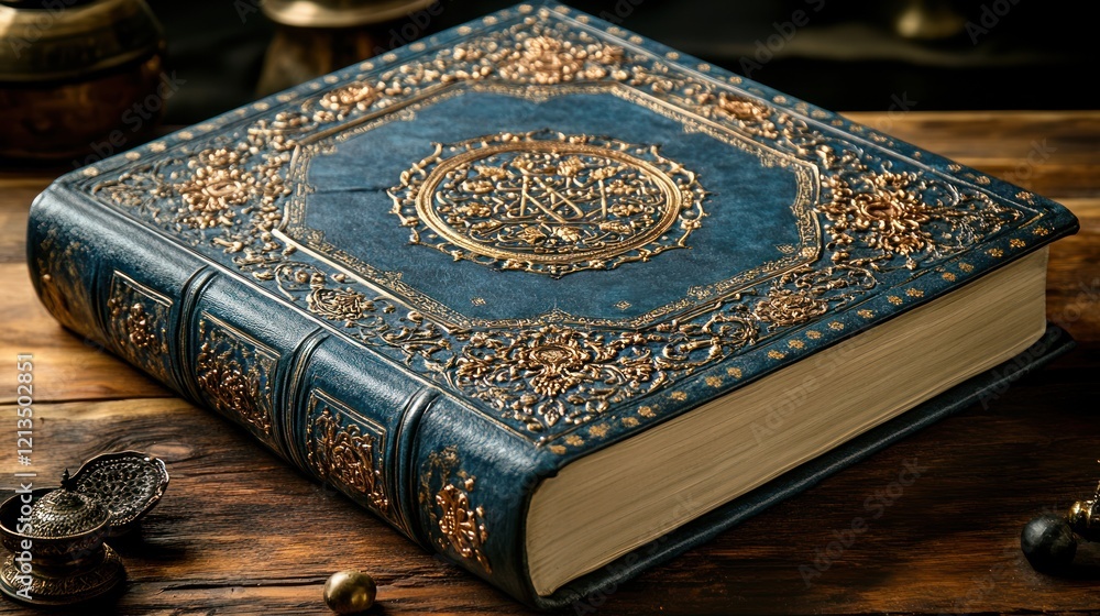 Fototapeta premium Ornate blue leather journal on wood, mystical background, publishing
