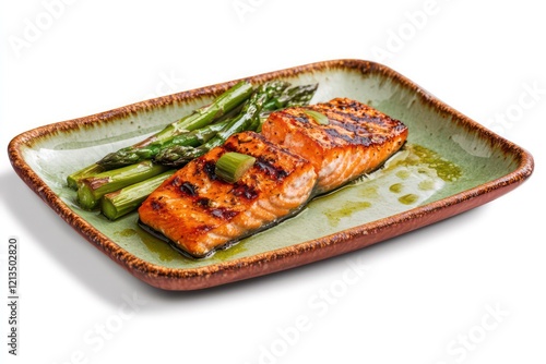 A vibrant plate of grilled salmon fillet with tender green asparagus spears, placed on a clean white backdrop. photo