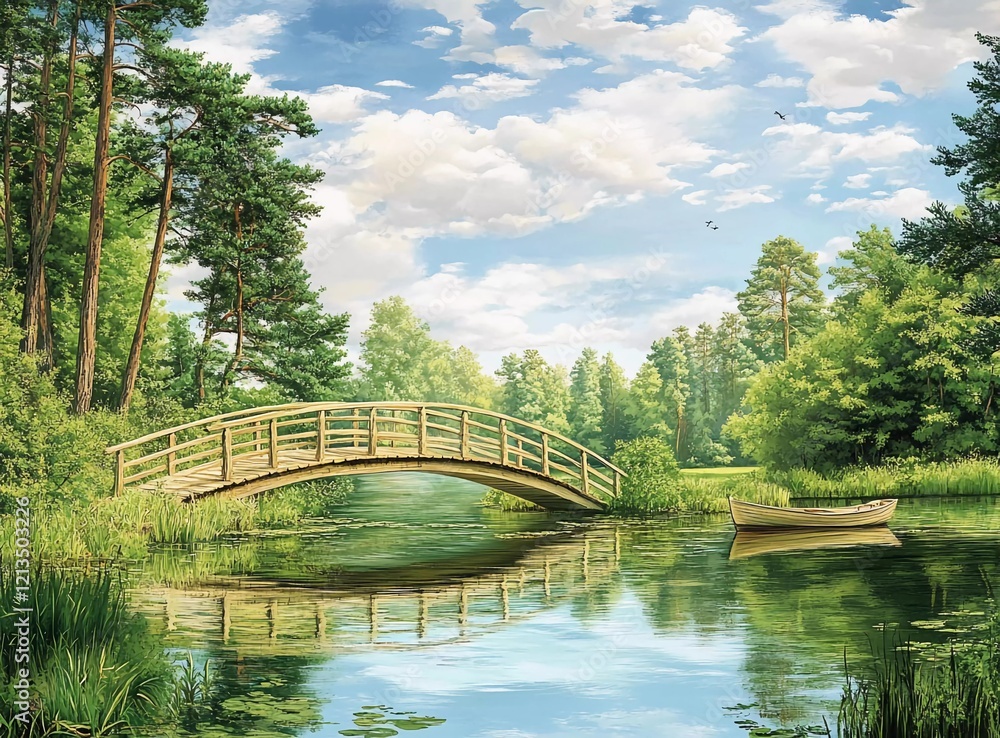 Beautiful green forest and lake with a wooden bridge over the water in summer, the reflection of trees on the calm surface, a blue sky with clouds, a fishing boat at the shore Beautiful green forest and lake with a wooden bridge over the water in summer, the reflection of trees on the calm surface, a blue sky with clouds, a fishing boat at the shore