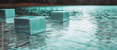 Serene Water Cubes  Abstract Metal Blocks in Calm Lake photo