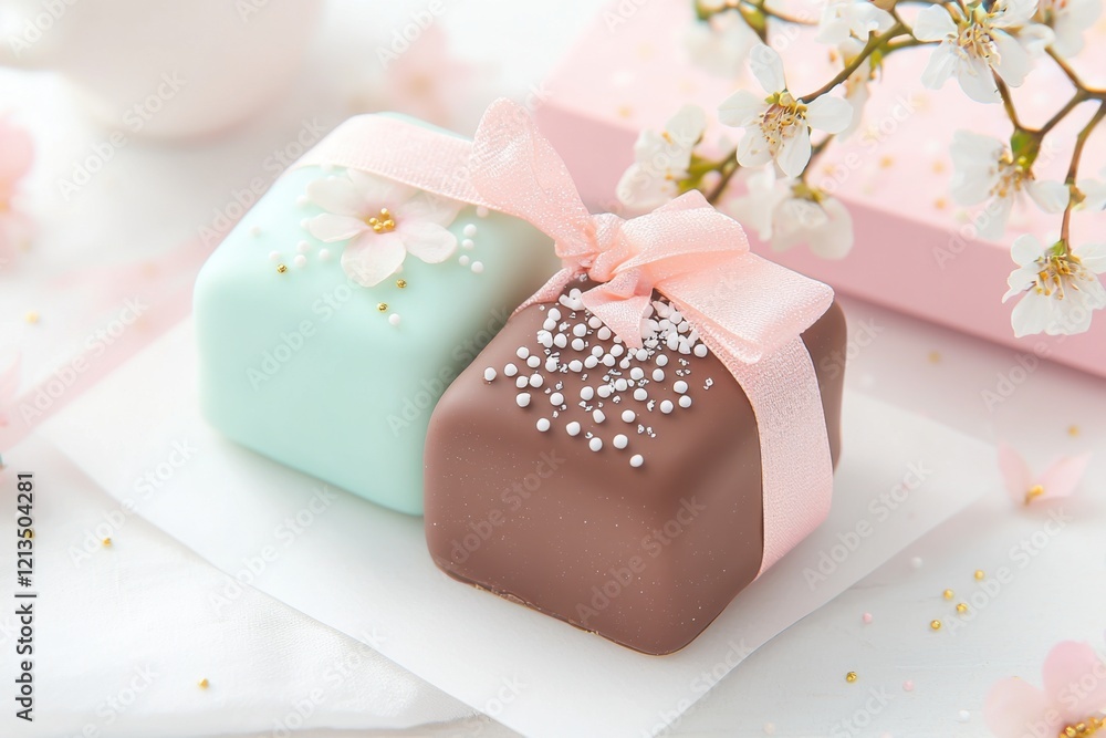 chocolate-covered marshmallows with glittering sugar and floral pouches chocolate-covered marshmallows with glittering sugar and floral pouches