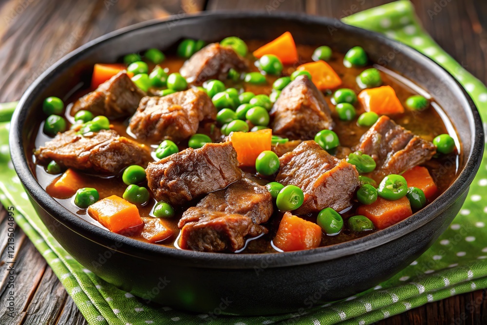 Stewed beef, carrots, peas, green onions. Black bowl, tilt-shift, AI. Stewed beef, carrots, peas, green onions. Black bowl, tilt-shift, AI.