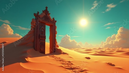A weathered door stands mysteriously in the heart of a barren desert.
