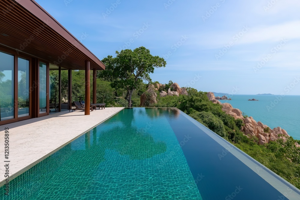Fototapeta premium Modern Luxury Villa with Infinity Pool Overlooking Scenic Seaside Landscape
