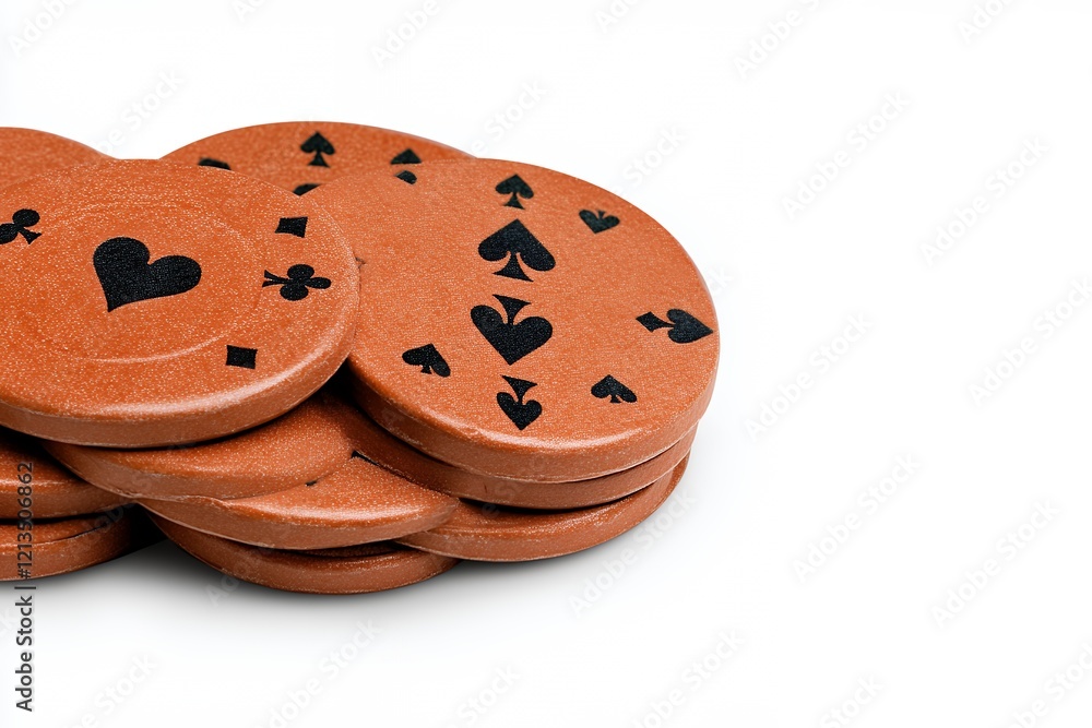 Stacked red poker chips featuring black heart and spade symbols against clean white background Stacked red poker chips featuring black heart and spade symbols against clean white background