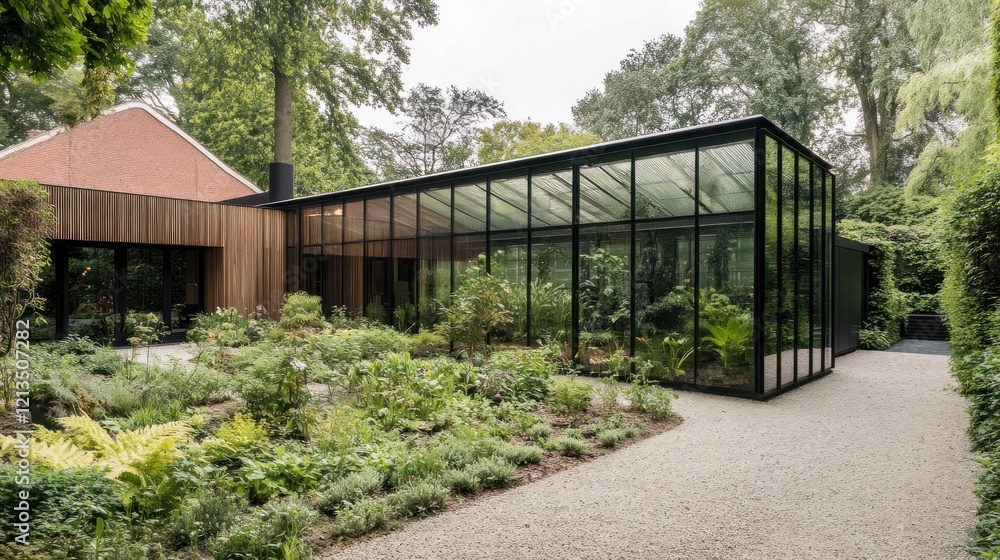 Obraz premium Modern Glass Conservatory in Lush Garden